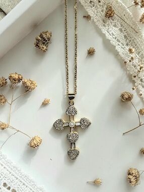 Gold-Tone Heart Cross Necklace with Crystal Accents